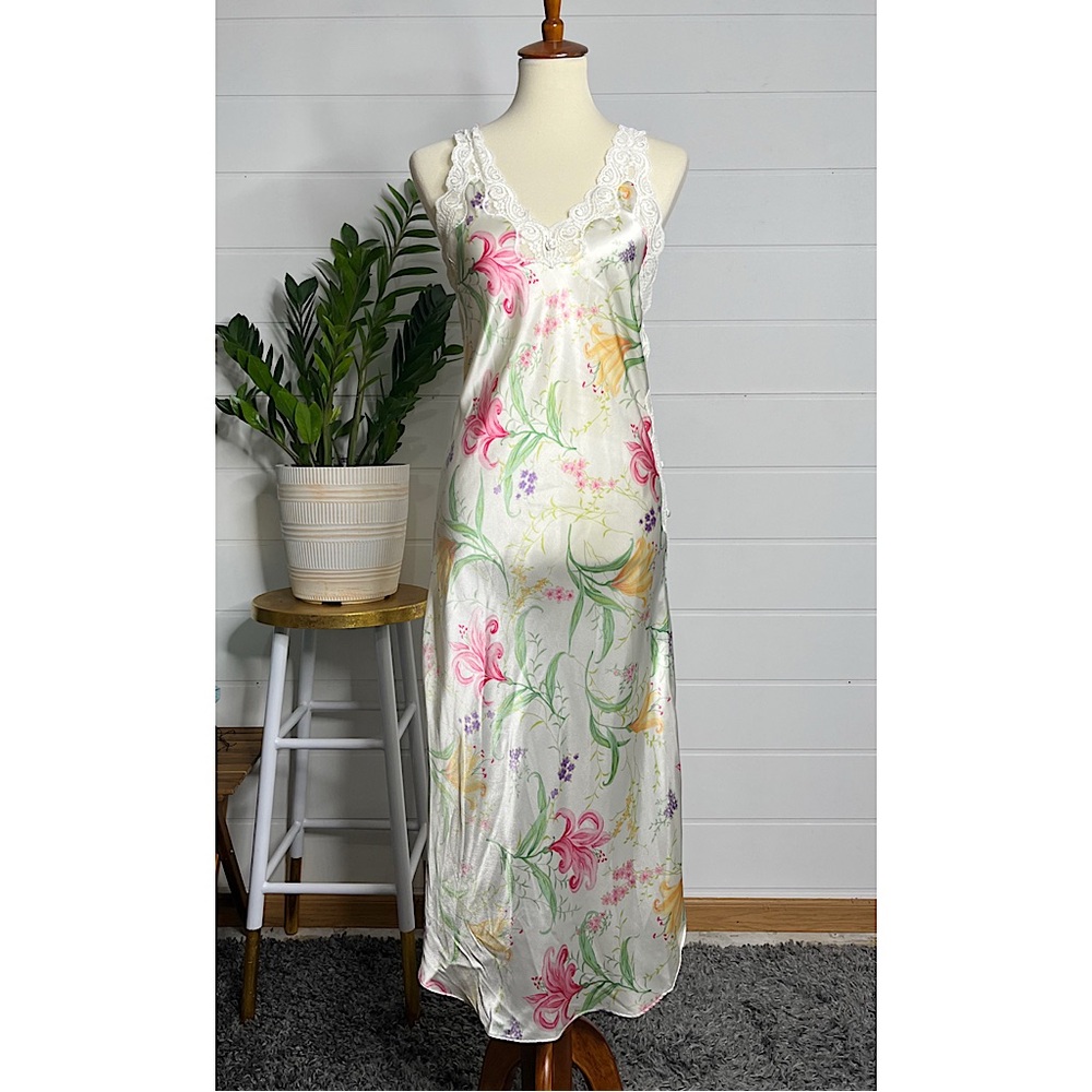 Vintage Satin Floral Lace Trim Midi Slip Dress Garden Party Bridal Party Dress